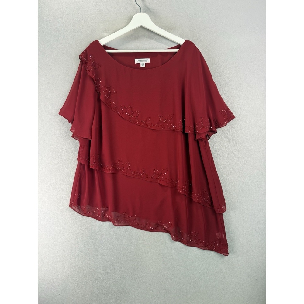 Coldwater Creek W22 Red Beaded Chiffon Overlay Blouse Plus Size Tiered Top